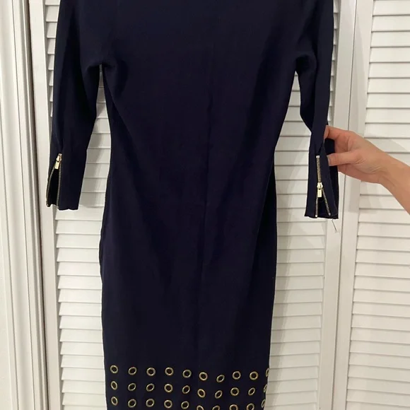 Calvin Klein Navy Knit Dress with Gold Eyelet Trim - Picture 3 of 3
